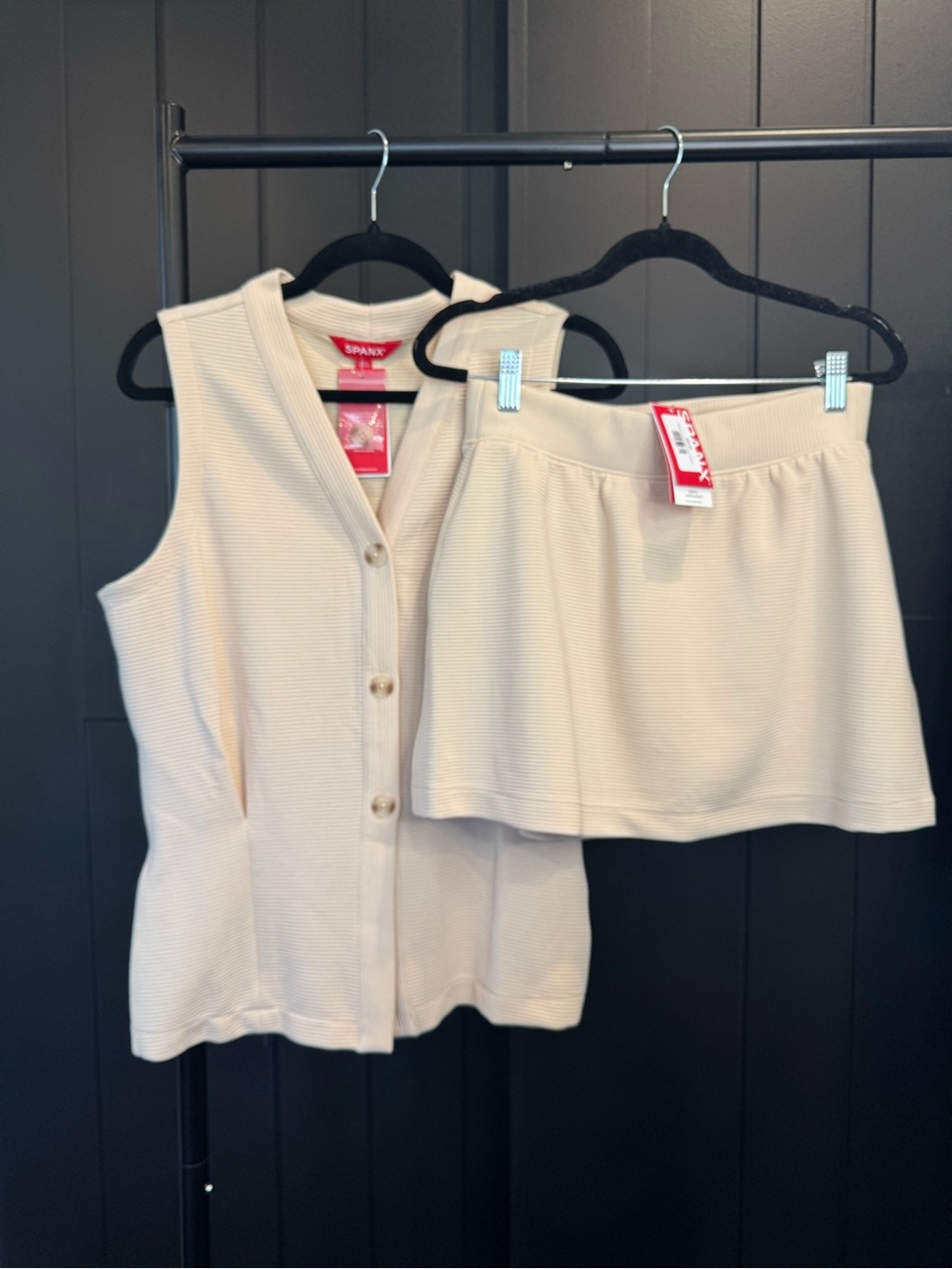 SPANX Ivory Ribbed Button-Front Vest & Skirt Set